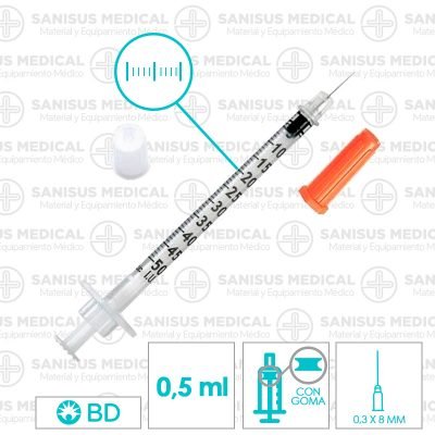 Jeringa insulina 0,5ml Aguja 30G 0,30x8mm BD <br>Caja 100 uds - Imagen 2