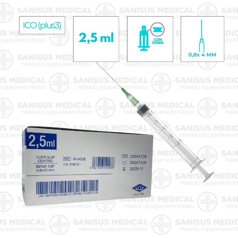 Jeringa <b>2.5ml</b> con aguja 21G 0,8x40mm Ico Plus 3 Caja 100 uds