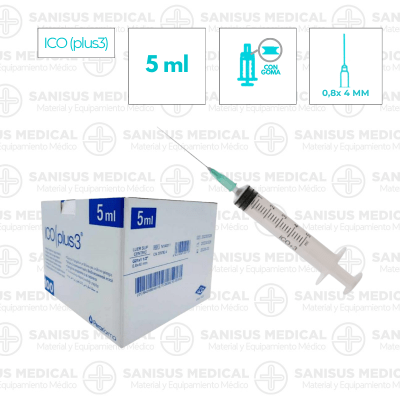 Jeringa insulina <b>5ml</b> con aguja 21G 0,8x40mm Ico Plus 3  Caja 100 uds