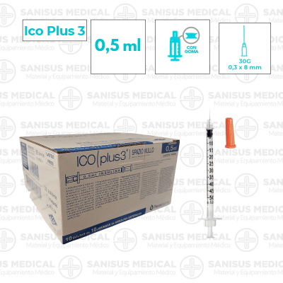 Jeringa insulina con aguja Ico Plus 3 0.5ml 30G (0,3x8mm) Caja 100 uds