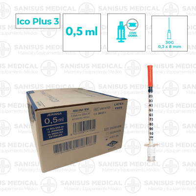 Jeringa insulina con aguja Ico Plus3 0.5ml 30G (0,3x8mm) U-100 Caja 100 uds