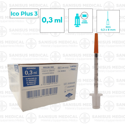 Jeringa insulina con aguja Ico Plus3 0.3ml 30G (0,3x8mm) U-100 Caja 100 uds