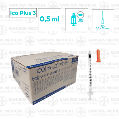 Jeringa insulina con aguja Ico Plus 3 0.5ml 29G (0,33x12mm) Caja 100 uds