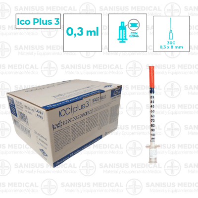 Jeringa insulina con aguja Ico Plus 3 0.3ml 30G (0,3x8mm) Caja 100 uds