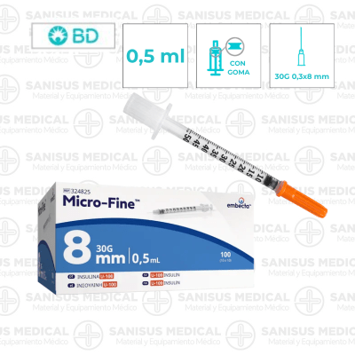 Jeringa de Insulina BD (Embecta) Micro-Fine 0,5 ml Aguja 30G 0,30x8mm BD Caja 100 uds