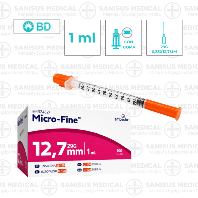 Jeringa insulina BD (Embecta) 1ml BD Micro-Fine Aguja 29G 0,33x12,7mm BD Caja 100 uds