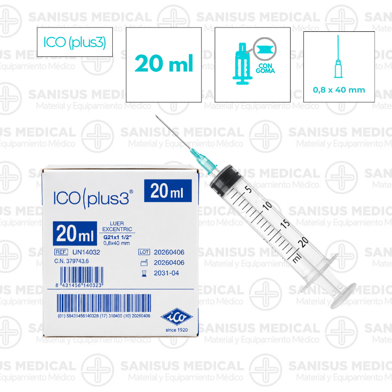 Jeringa <b>20ml</b> con aguja 21G 0,8x40mm Ico Plus 3 Caja 100 uds