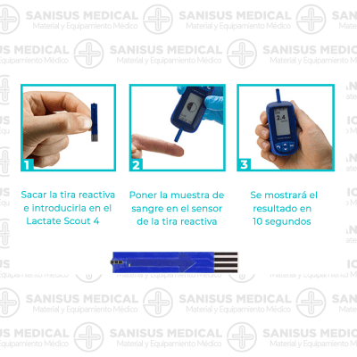 1 Sacar la tira reactiva e introducirla en el Lactate Scout 4. 2 Poner la muestra de sangre en el sensor de la tira reactiva. 3Se mostrará el resultado en 10 segundos.