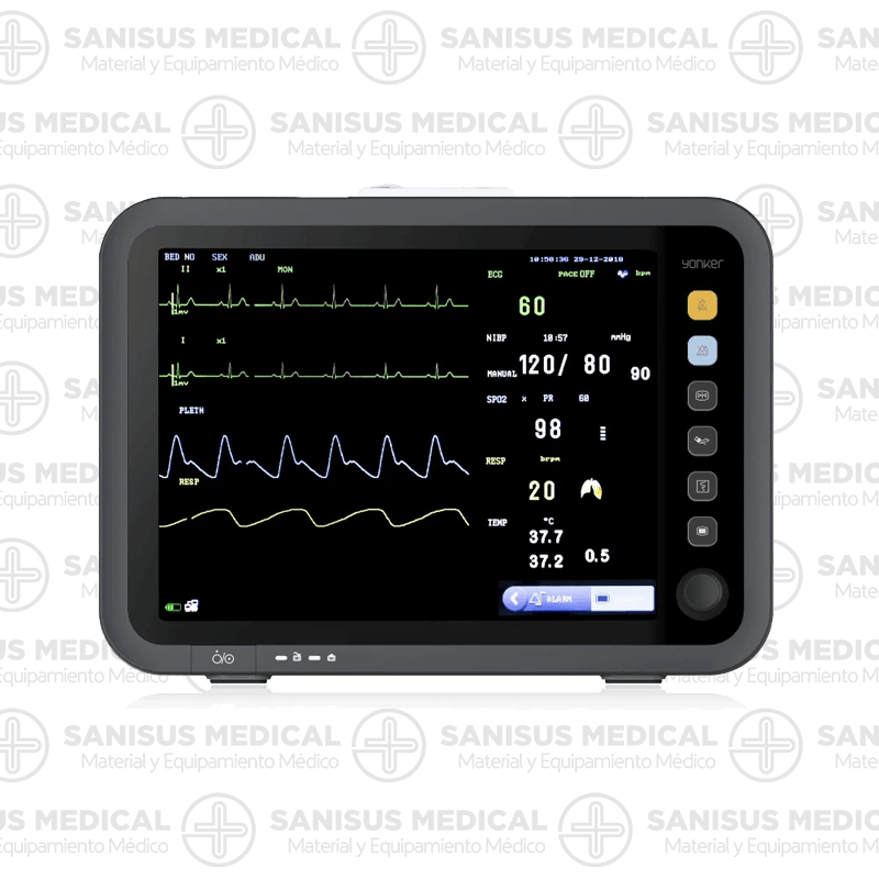Monitor 12" sin impresora - YK-8000C Es un dispositivo médico que destaca por su calidad y precio competitivo. Permite monitorizar diversos parámetros vitales como la tensión arterial, respiración, ECG, SpO2 y temperatura. Con posibilidad para adaptarse a pacientes neonatos, pediátricos y adultos. Además, cuenta con un diseño innovador y eficaz que facilita su uso y ofrece resultados precisos.