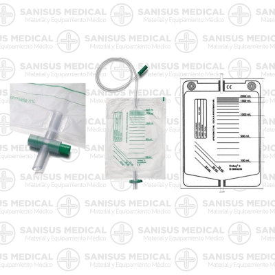 Bolsa para recogida de orina Braun Urobag 9 Plus de 2.000 ml de capacidad con válvula antirreflujo y válvula de vaciado en T, para conexión a sondas o colectores de orina.