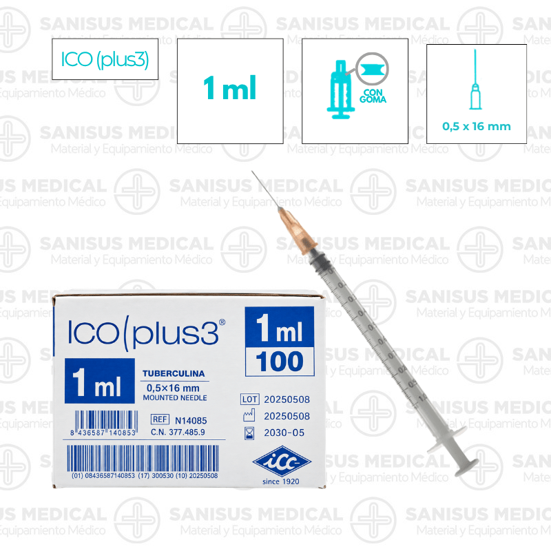 Jeringa Ico Plus 3 cuerpos 1ml tuberculina con aguja 0,5x16mm sin residuo