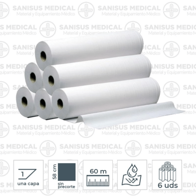 Rollo papel camilla impermeable 1 capa 58cm x 60m  Caja 6 uds