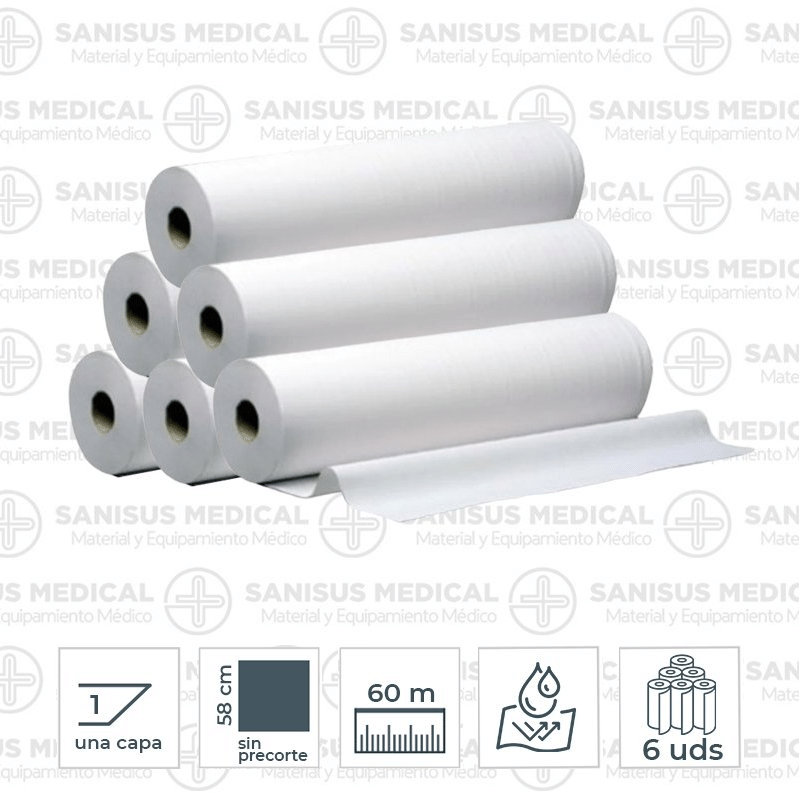 Rollo papel camilla impermeable 1 capa 58cm x 60m Caja 6 uds