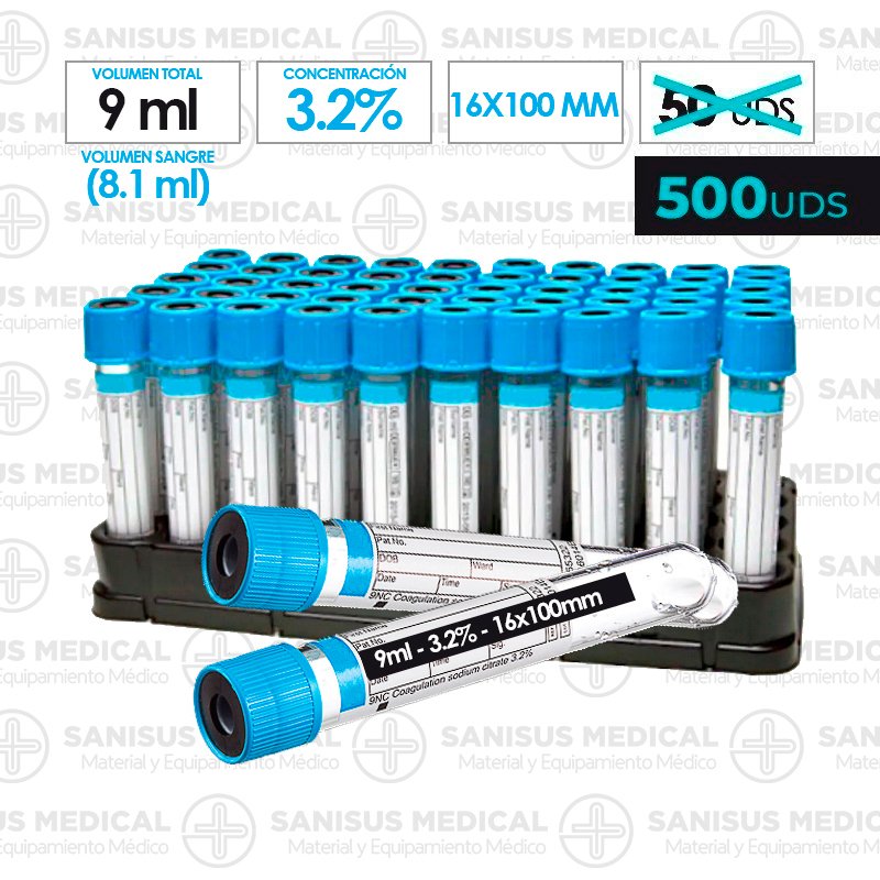 Tubo con citrato sódico 9ml 3.2% 16x100mm 10 Paks de 50 uds.