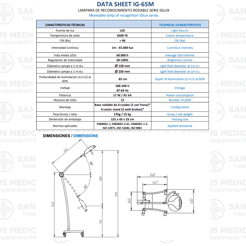 Lámpara de procedimiento rodable LED IGlux IG-65M - Imagen 3