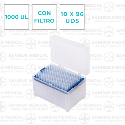 Puntas de pipeta con filtro de 1000UL | baja retención-estériles en rack | 10 x 96 Uds