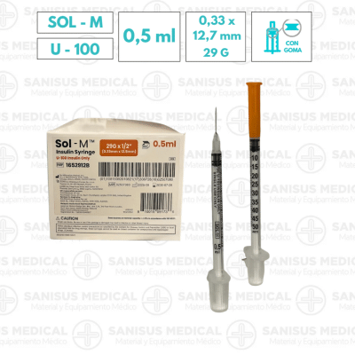 Jeringa insulina SOL-M C 0,5 ml con aguja 29G (0,33mm X 12,7mm) U-100 Caja 100 uds