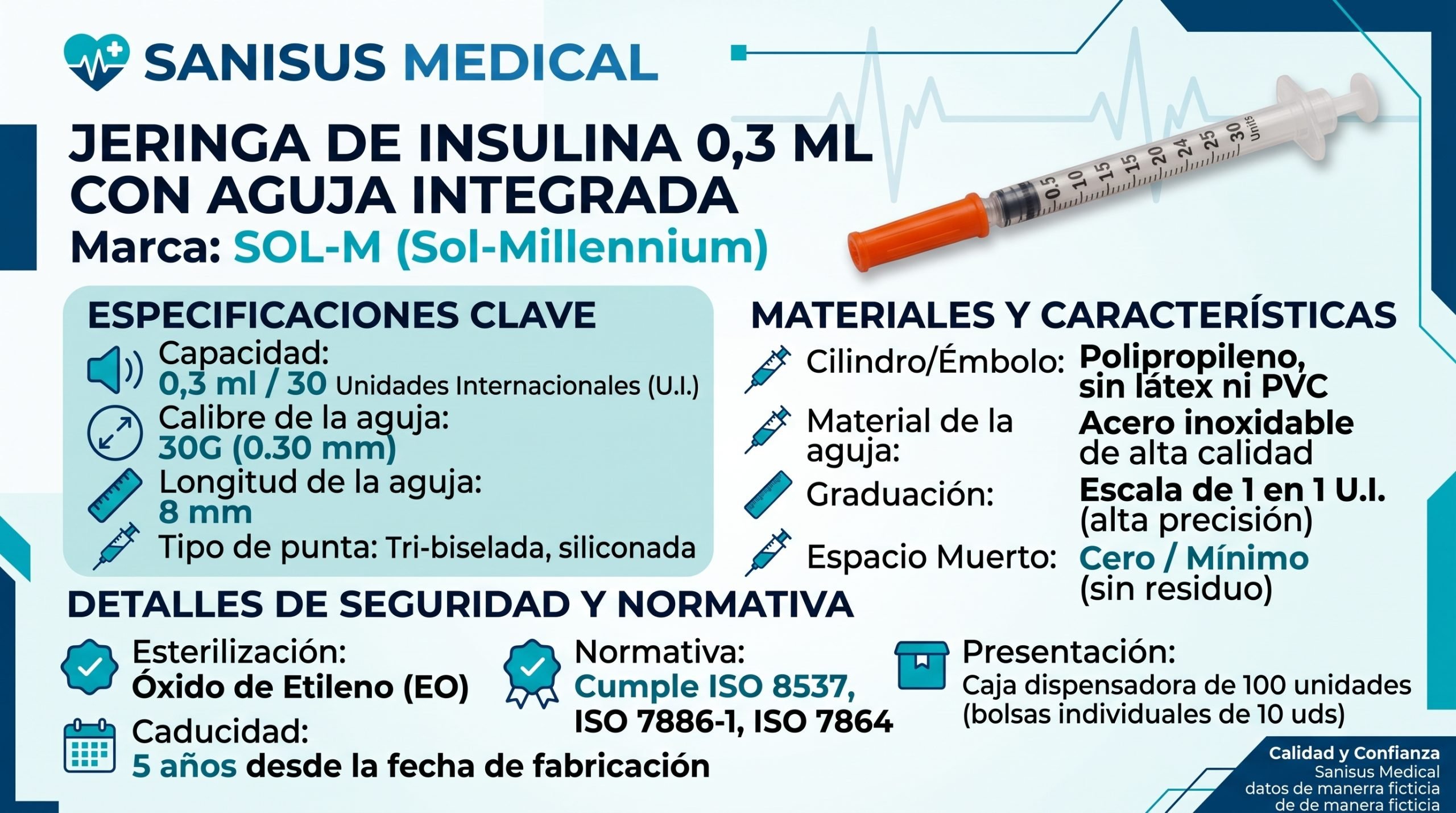 Jeringa insulina 0,3ml SOL-M con aguja 30G (0,30 mm X 8 mm) U-100 Caja100 uds - Imagen 3
