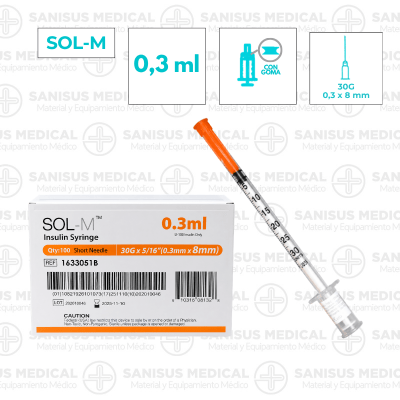Jeringa insulina 0,3 ml con aguja 30G 0,30 mm X 8 mm - SOL-M caja 100 uds