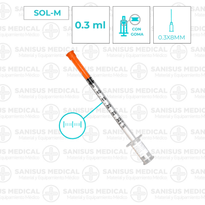 Jeringa insulina 0,3 ml con aguja 30G 0,30 mm X 8 mm - SOL-M caja 100 uds