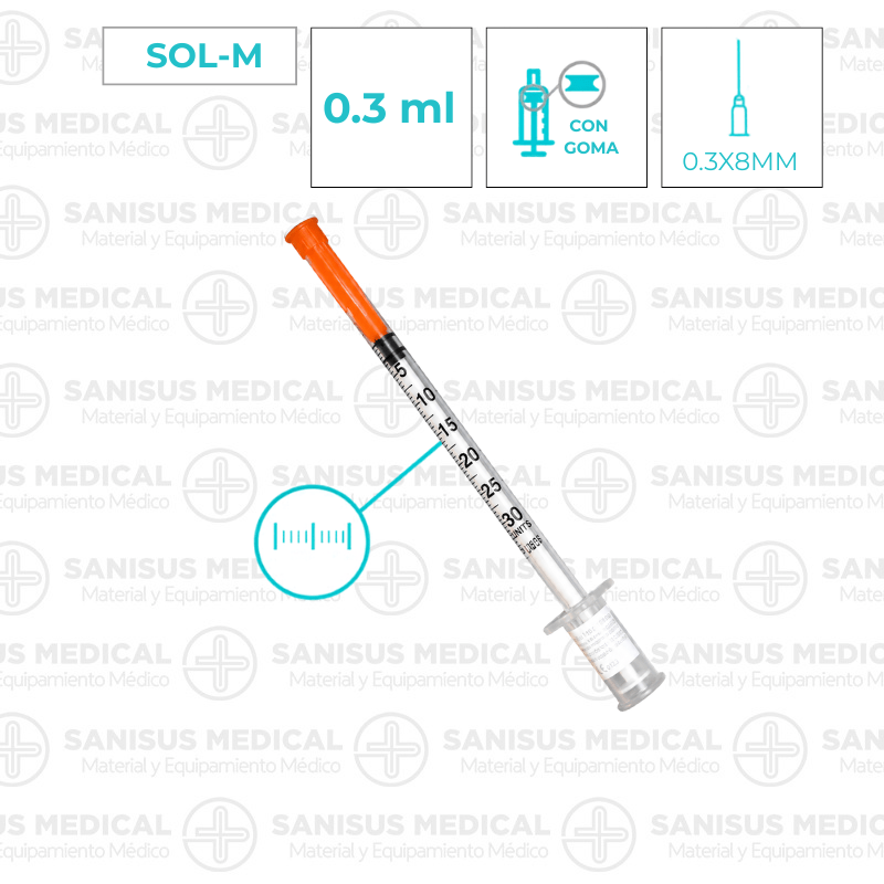 Jeringa insulina 0,3 ml con aguja 30G 0,30 mm X 8 mm - SOL-M caja 100 uds