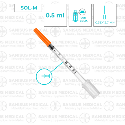 Jeringa insulina 0,5 ml con aguja 29G 0,33mm X 12,7mm – SOL-M caja 100 uds