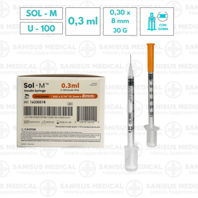 Jeringa insulina SOL-M C 0,3 ml con aguja 30G (0,30 mm X 8 mm) U-100 Caja100 uds