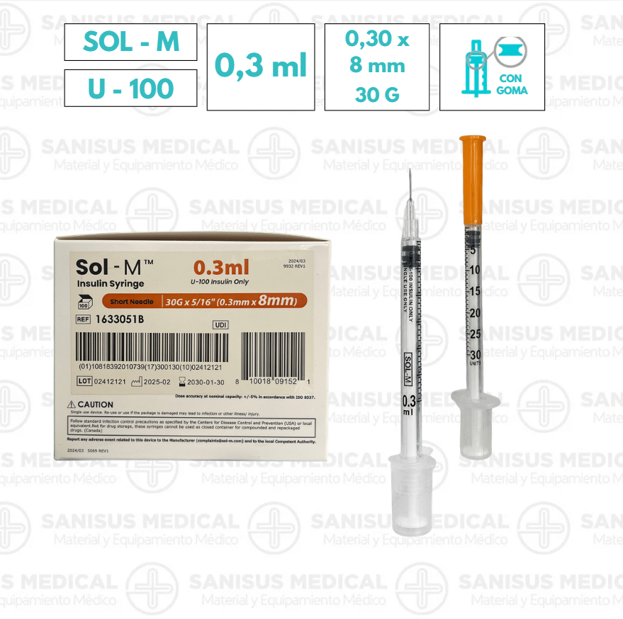 Jeringa insulina 0,3ml SOL-M con aguja 30G (0,30 mm X 8 mm) U-100 Caja100 uds
