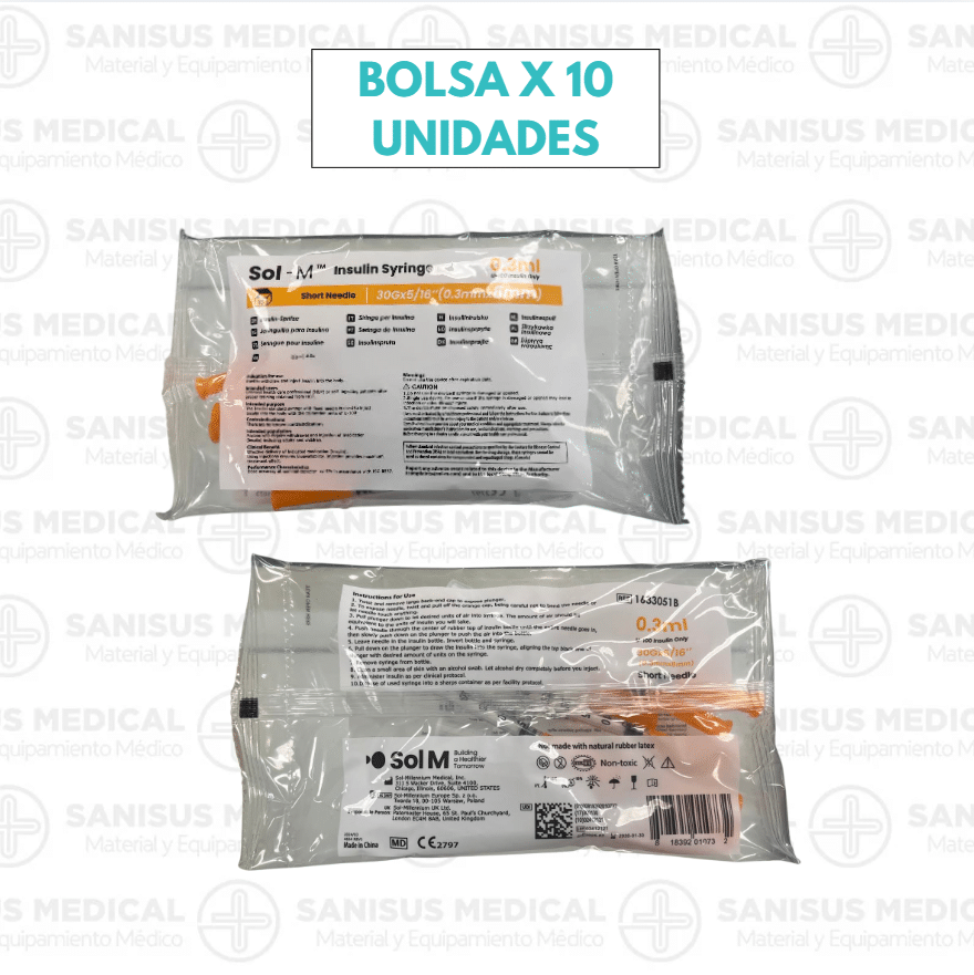 Jeringa insulina 0,3ml SOL-M con aguja 30G (0,30 mm X 8 mm) U-100 Caja100 uds - Imagen 2