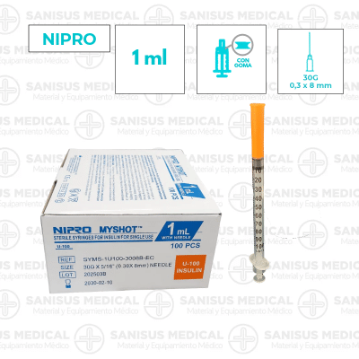 Jeringa para insulina NIPRO 100 con aguja 1ml de 30g (0.30X8mm) U-100 Caja 100uds