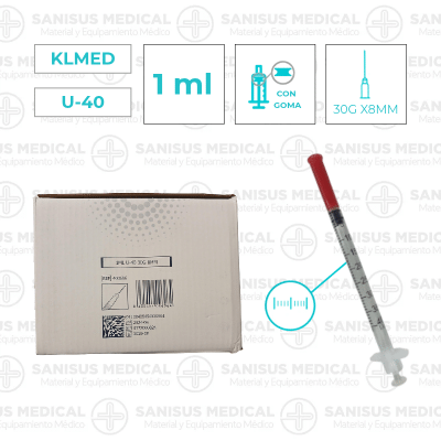 Jeringa insulina KLMED con aguja 1ml (30G X 8 mm) U-40 Caja 100 uds