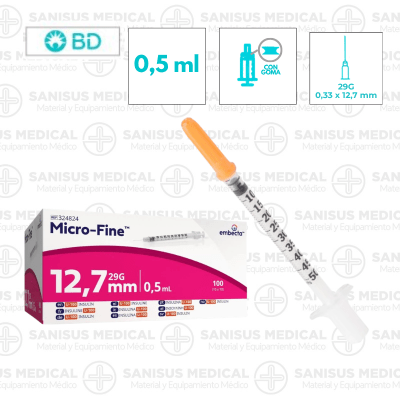 Jeringa insulina BD (Embecta) 1ml BD Micro-Fine Aguja 0,5 ml 29G 0,33 x 12,7 mm  Caja 100 uds