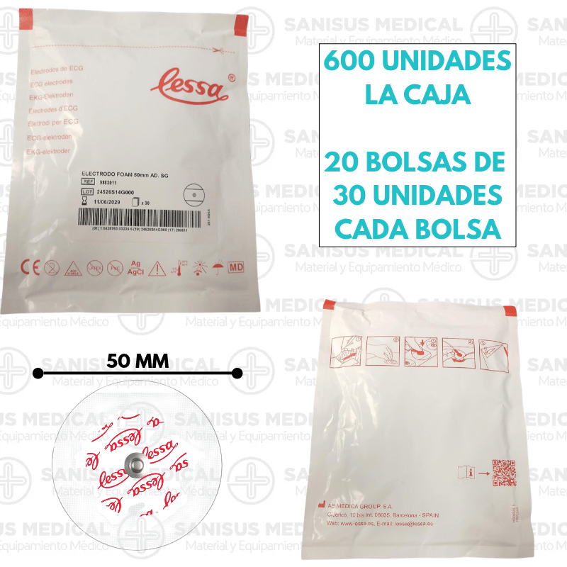 Electrodos de corchete adhesivos ECG 50mm Lessa Foam Bolsa 30 uds - Imagen 2