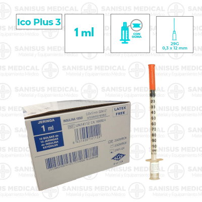 Jeringa insulina con aguja Ico Plus3 1ml 29G (0,33x12mm) U-100 Caja 100 uds